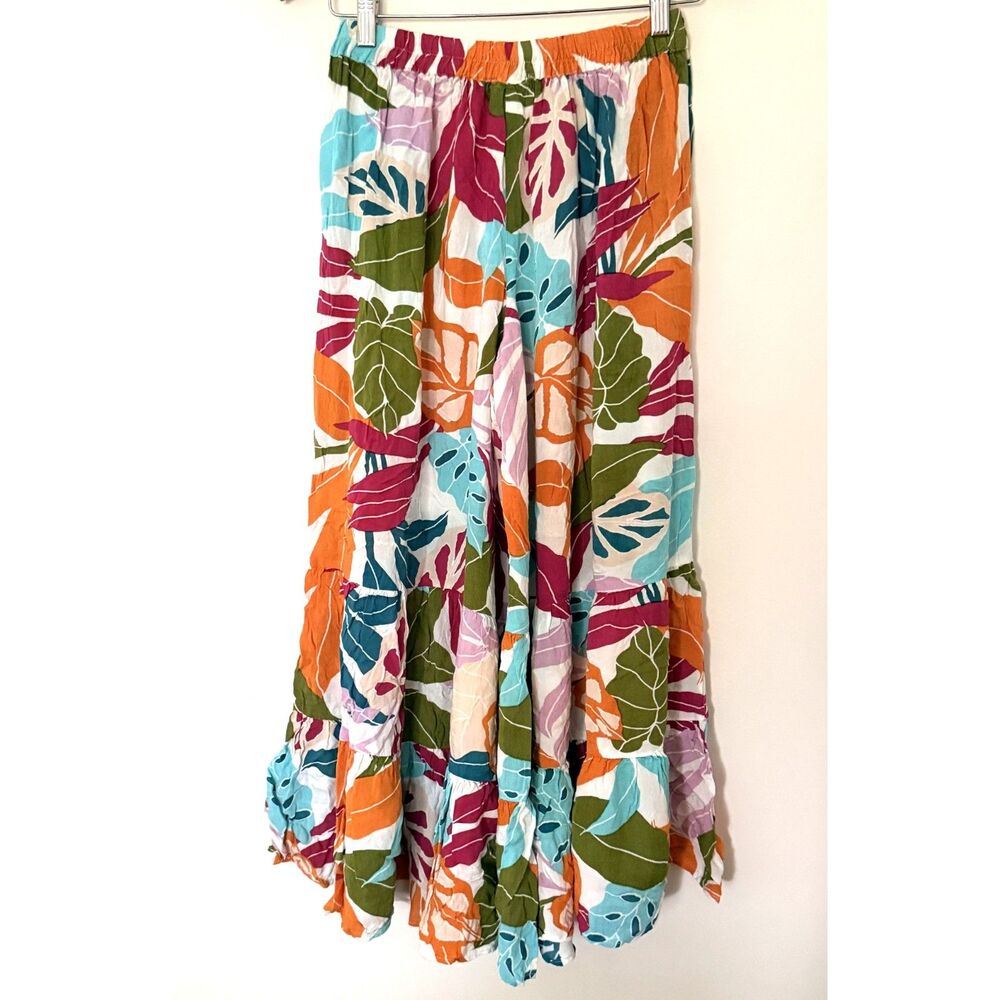 True Destinations Tropical Palm Leaf Tiered Bell Bottom Beach Cover Up Pants L